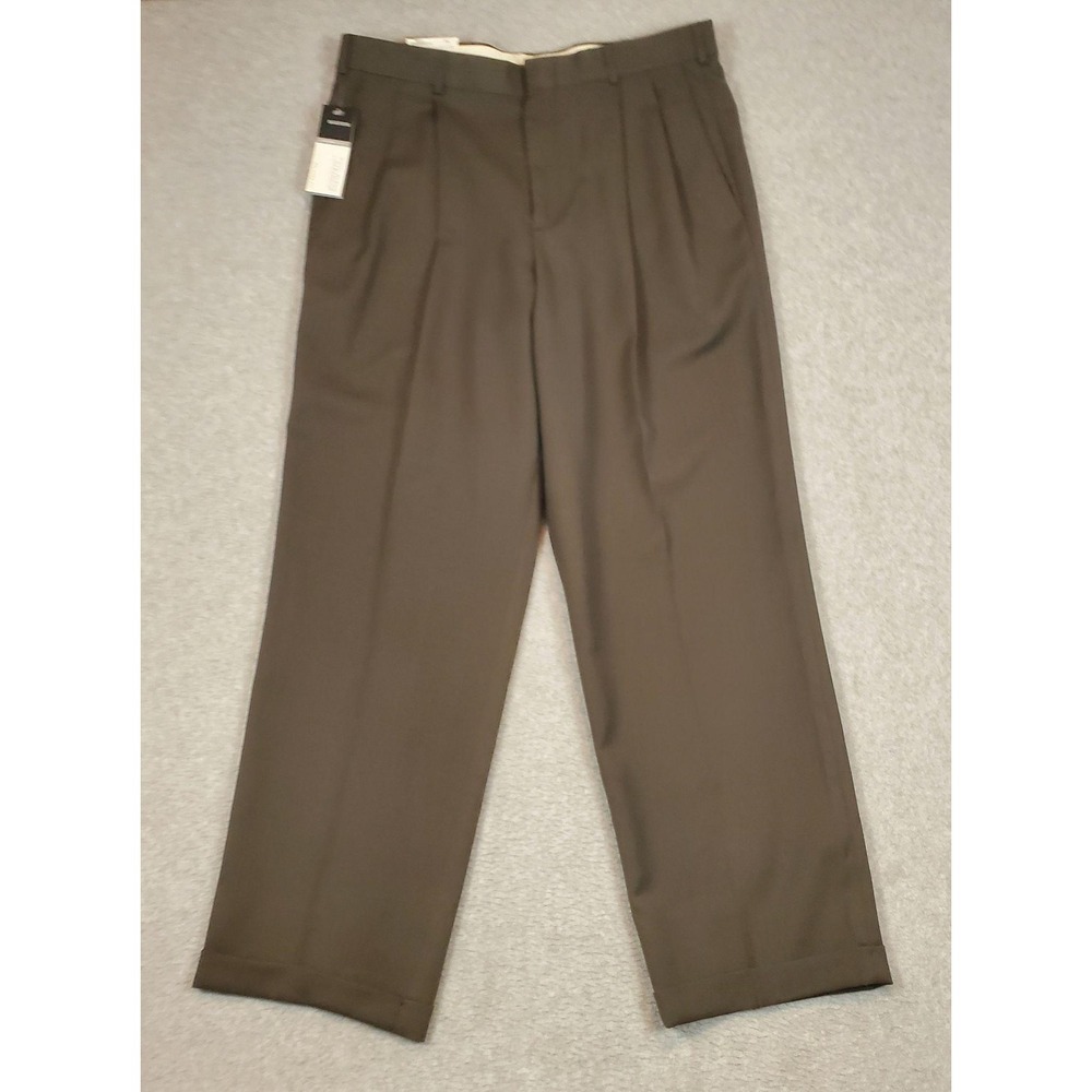 Slates Dress Pants FITS 32X30 Tag size 34x34 Olive Wool Blend Gabardine Pleated